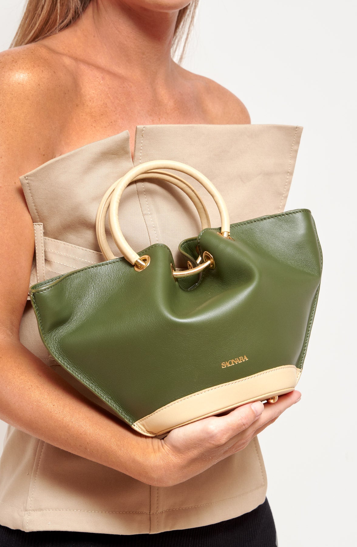 Mini Capazo Bag Army/Cream Leather