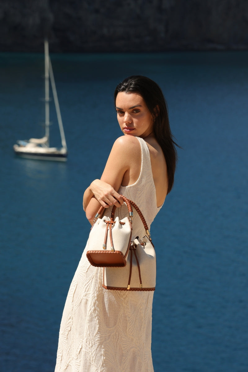 Mini Bucket Bag Linen/Caramel Leather