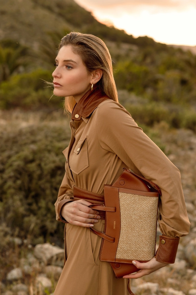 Mini Shopping Bag Raffia/Caramel Leather